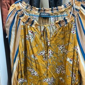 Yellow and Blue Smocked Blouse with Tie Front 3/4 Sleeves